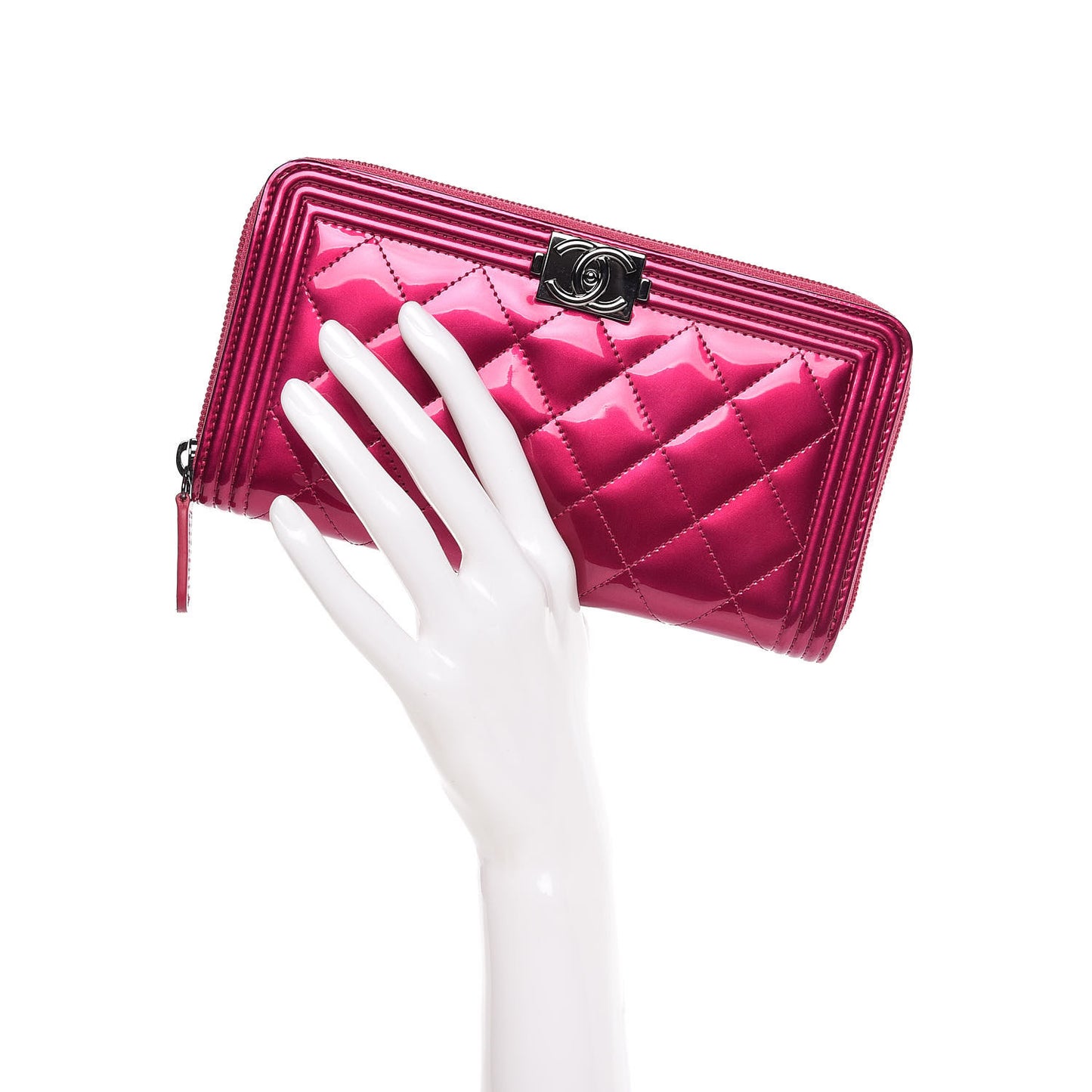 Metallic Patent Calfskin Quilted Boy L-Gusset Zip Wallet Pink