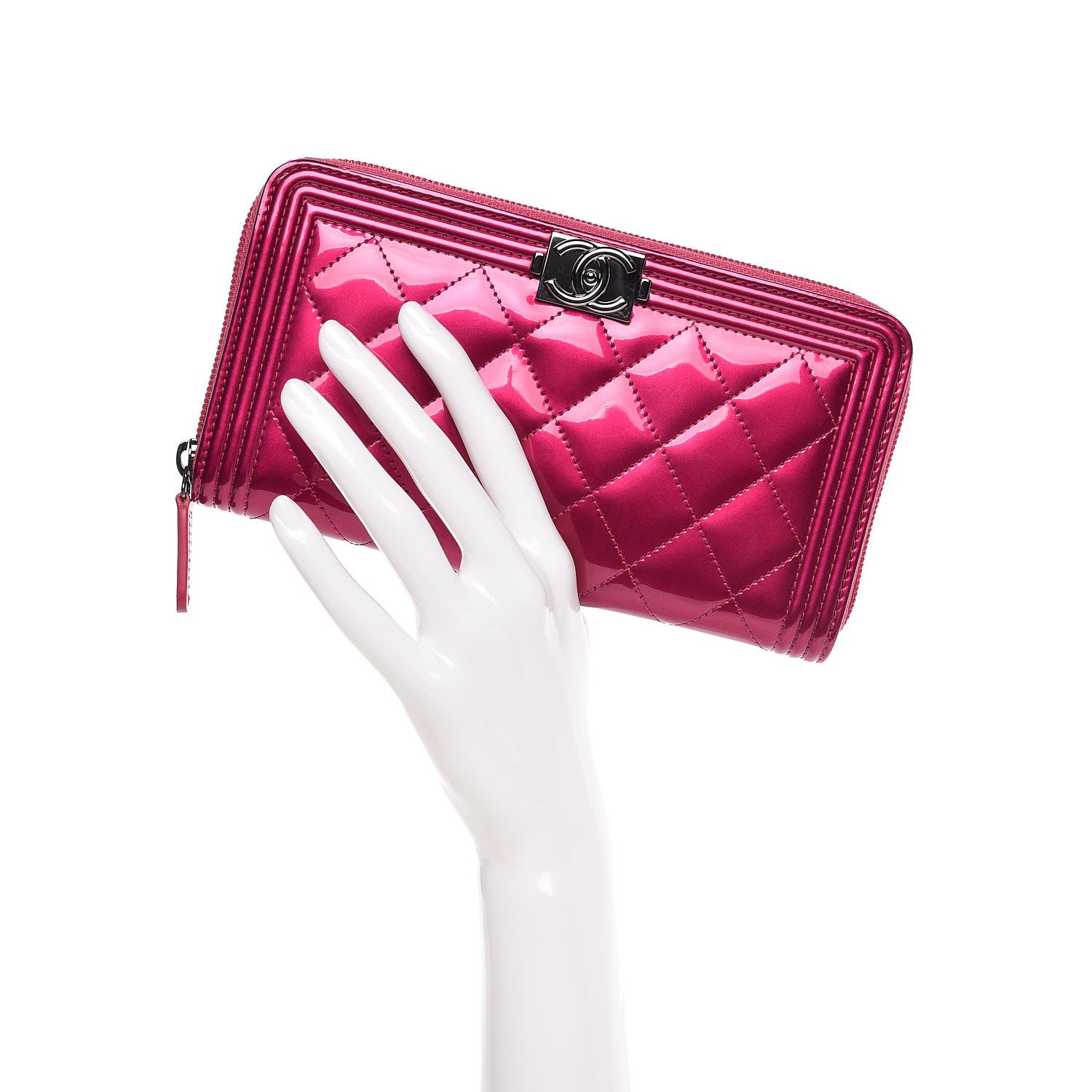 Chanel Metallic Patent Calfskin Quilted Boy L-Gusset Zip Wallet Pink 2 of 9