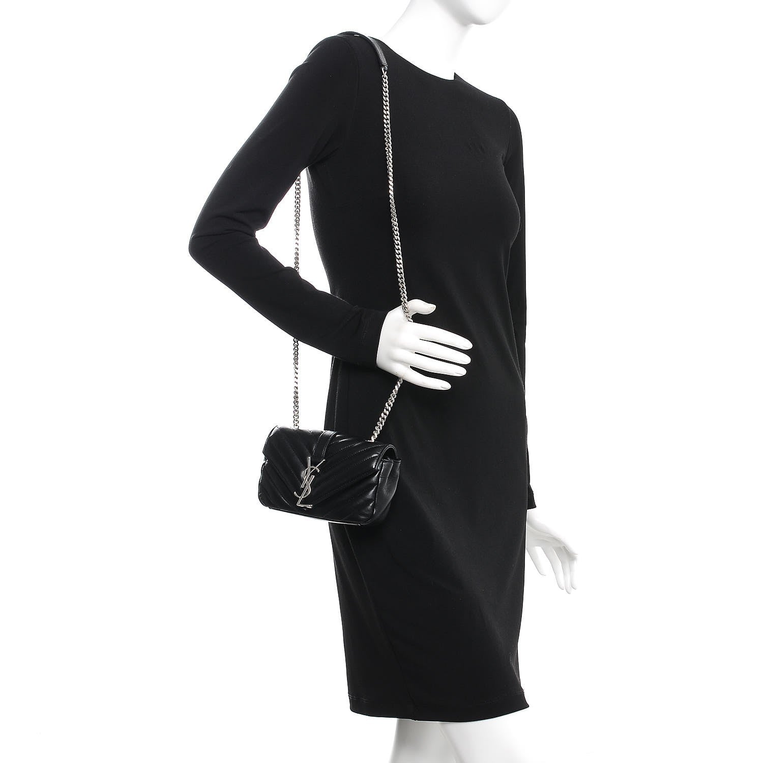 Saint Laurent Grained Calfskin Matelasse Chevron Monogram Classic Baby Chain Bag Black 2 of 8