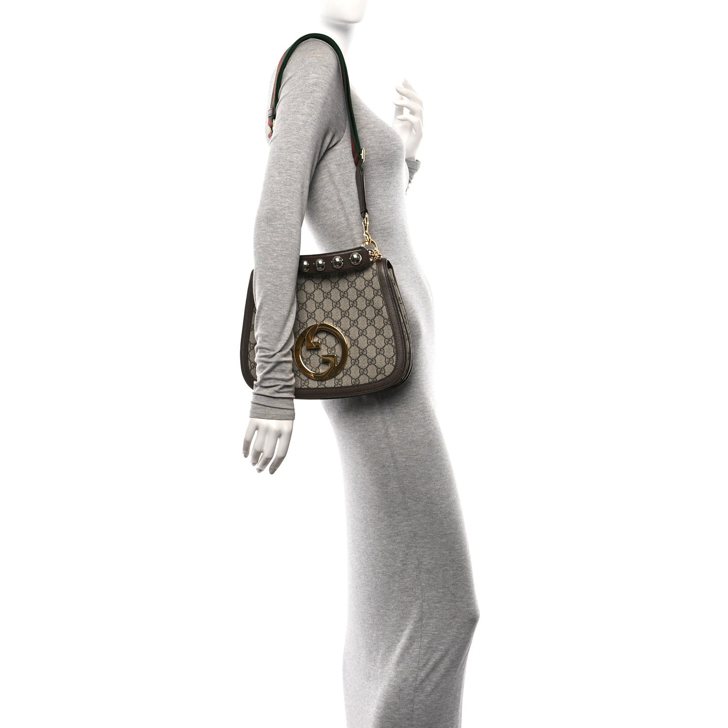 Gucci GG Supreme Monogram Textured Dollar Calfskin Web Medium Blondie Top Handle Shoulder Flap Bag Beige Ebony New Acero 2 of 11
