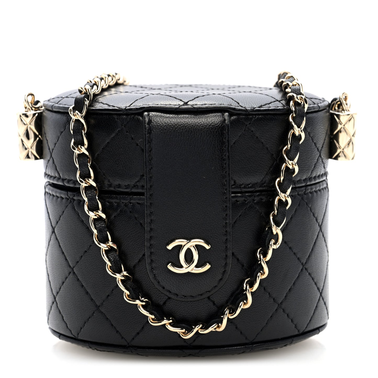 Lambskin Quilted Mini Round Vanity Case With Chain Black