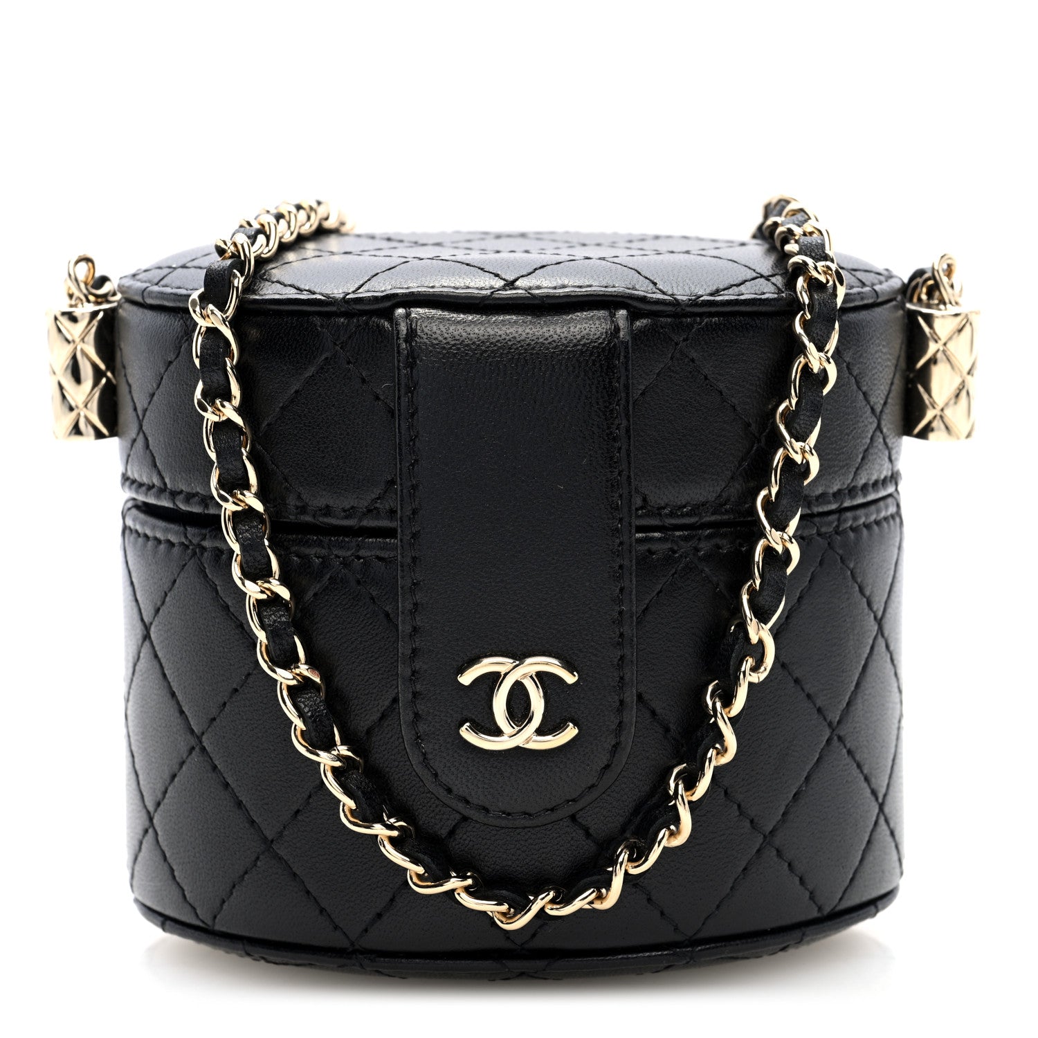 Chanel Lambskin Quilted Mini Round Vanity Case With Chain Black 1 of 11