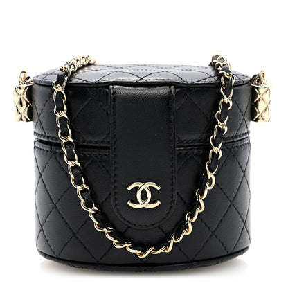 Chanel Lambskin Quilted Mini Round Vanity Case With Chain Black 1 of 11