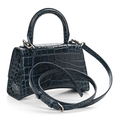 Balenciaga Shiny Calfskin Crocodile Embossed Hourglass Top Handle Bag XS Denim Blue 3 of 13