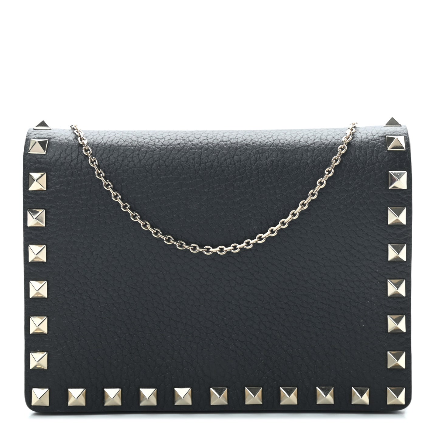 Pebbled Calfskin Rockstud Wallet on Chain Black