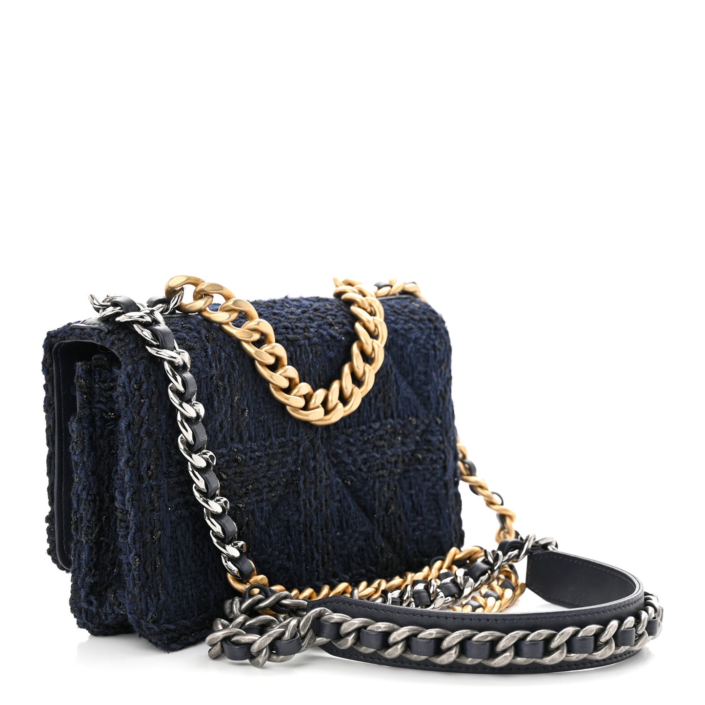 Wool Tweed Lambskin Quilted Chanel 19 Wallet On Chain WOC Navy