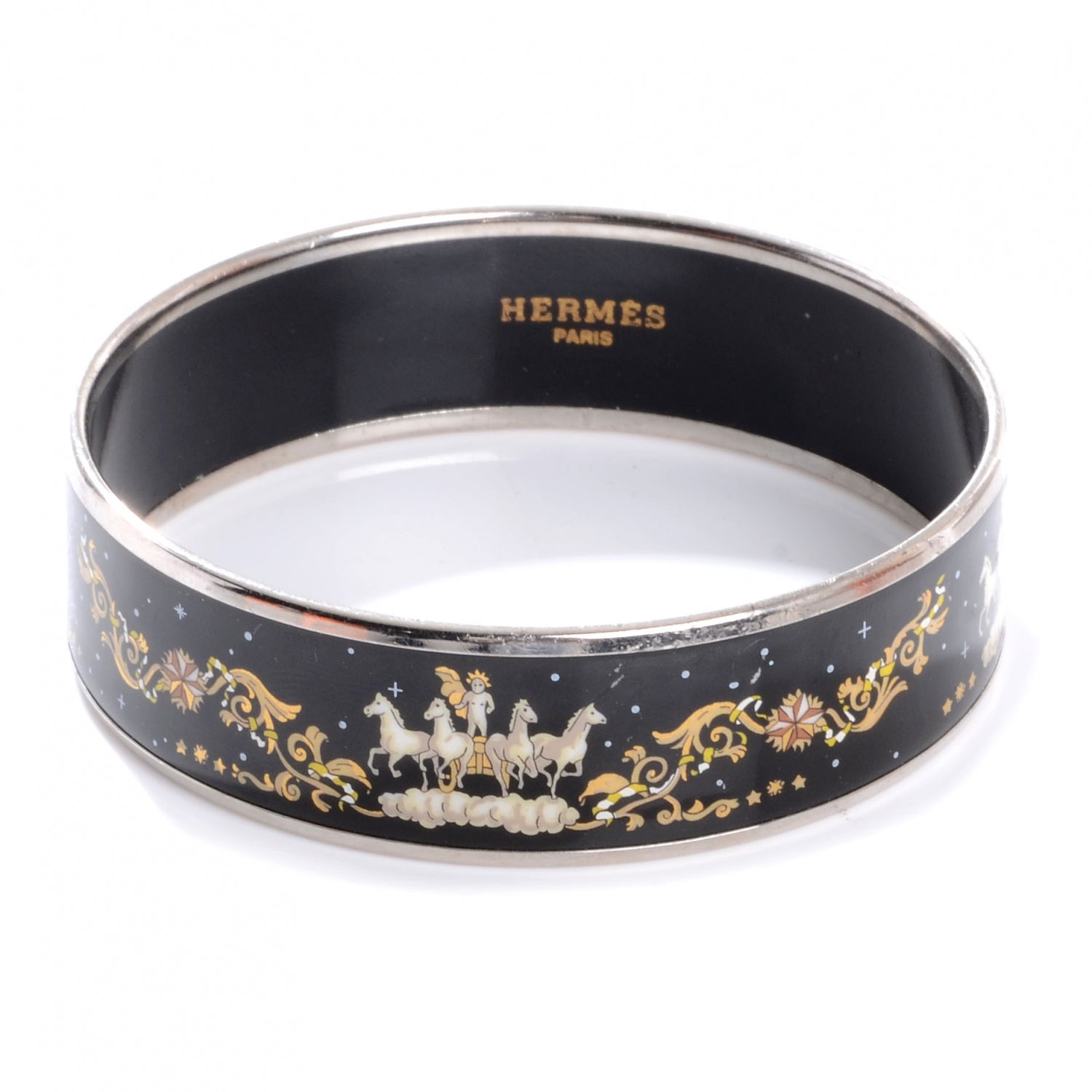 Hermes Enamel Printed Horses Wide Bracelet 70 Black 1 of 5