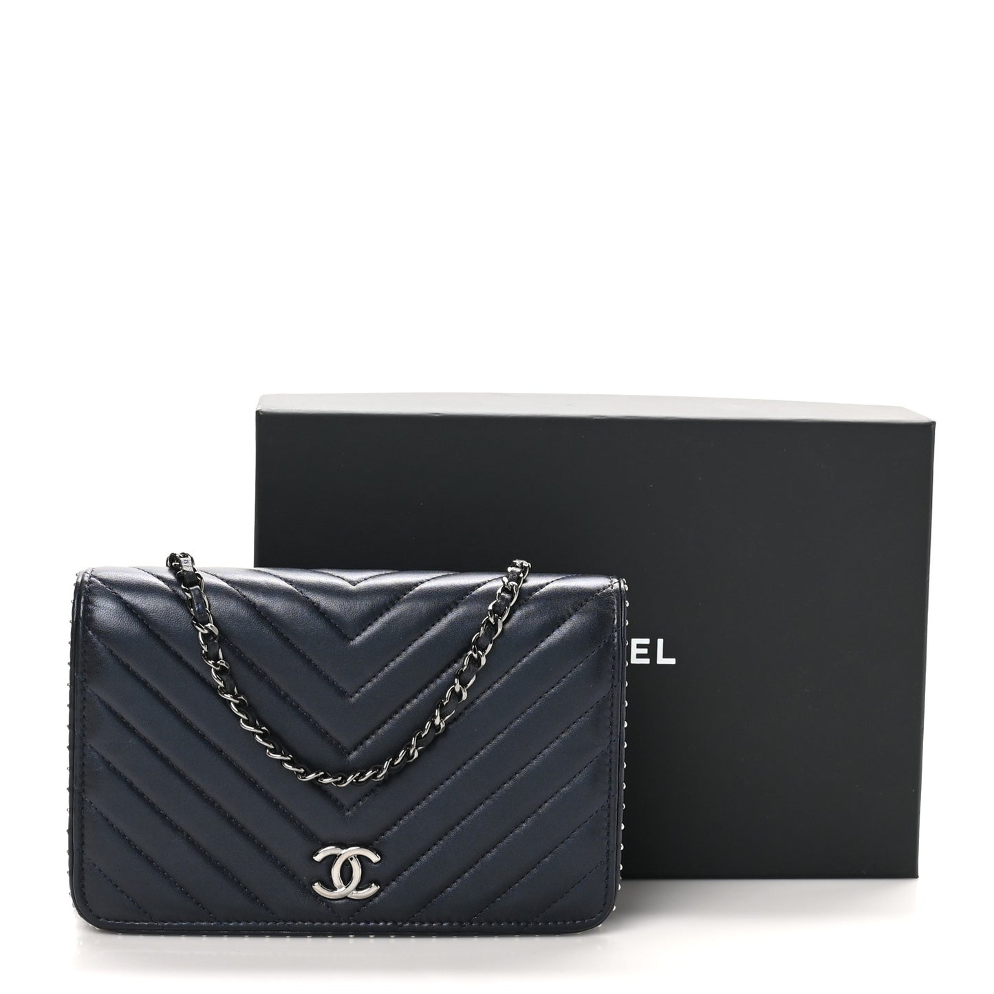 Lambskin Chevron Quilted Studded Wallet On Chain WOC Navy
