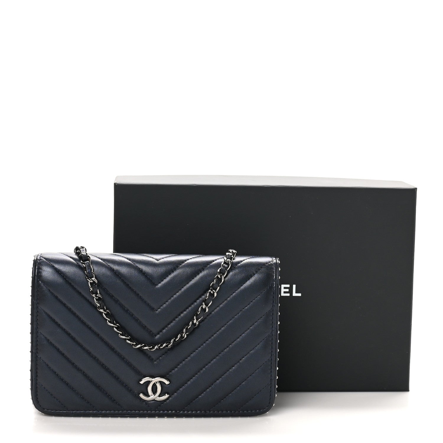 Chanel Lambskin Chevron Quilted Studded Wallet On Chain WOC Navy 13 of 13