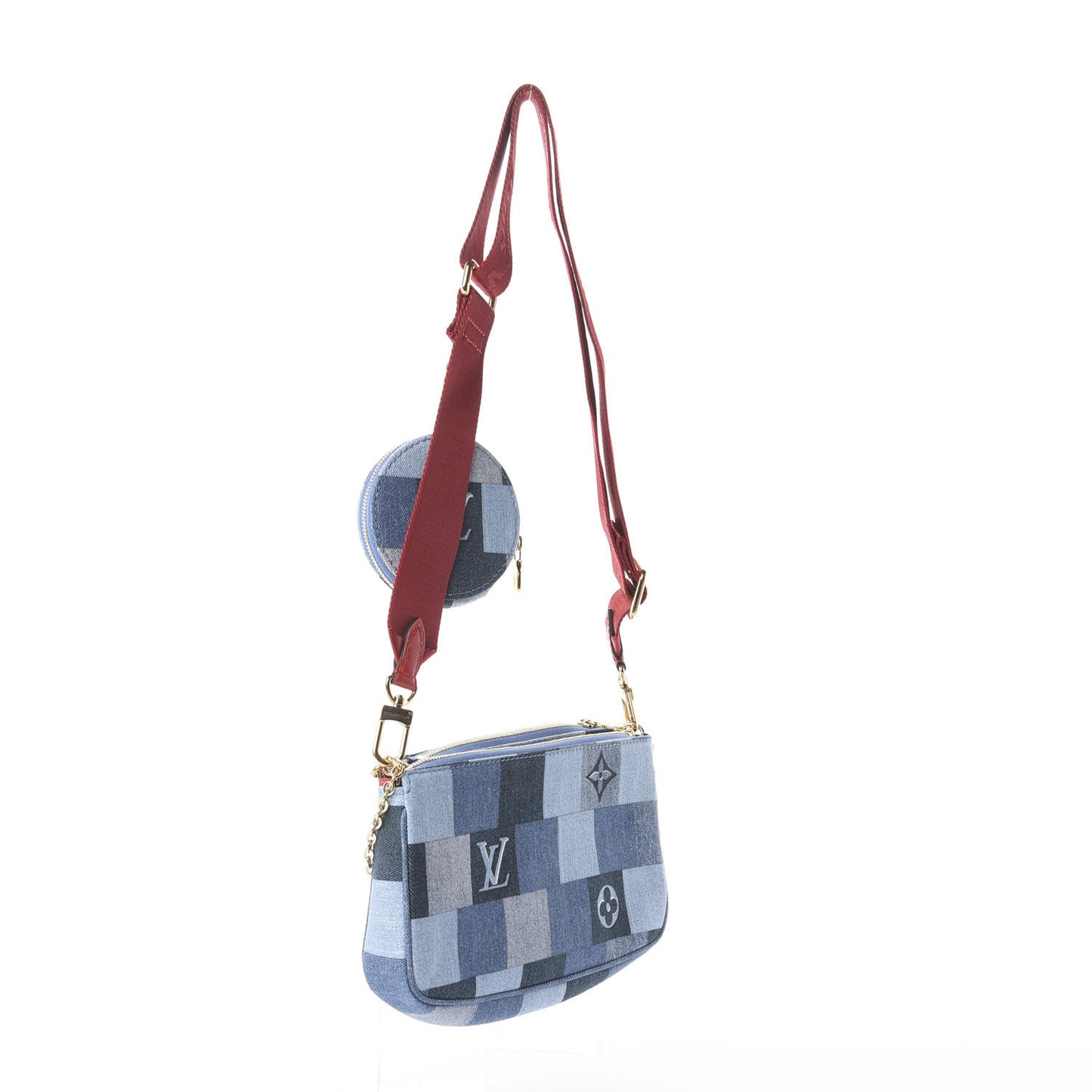 Denim Damier Monogram Patchwork Multi Pochette Accessories Blue Rouge