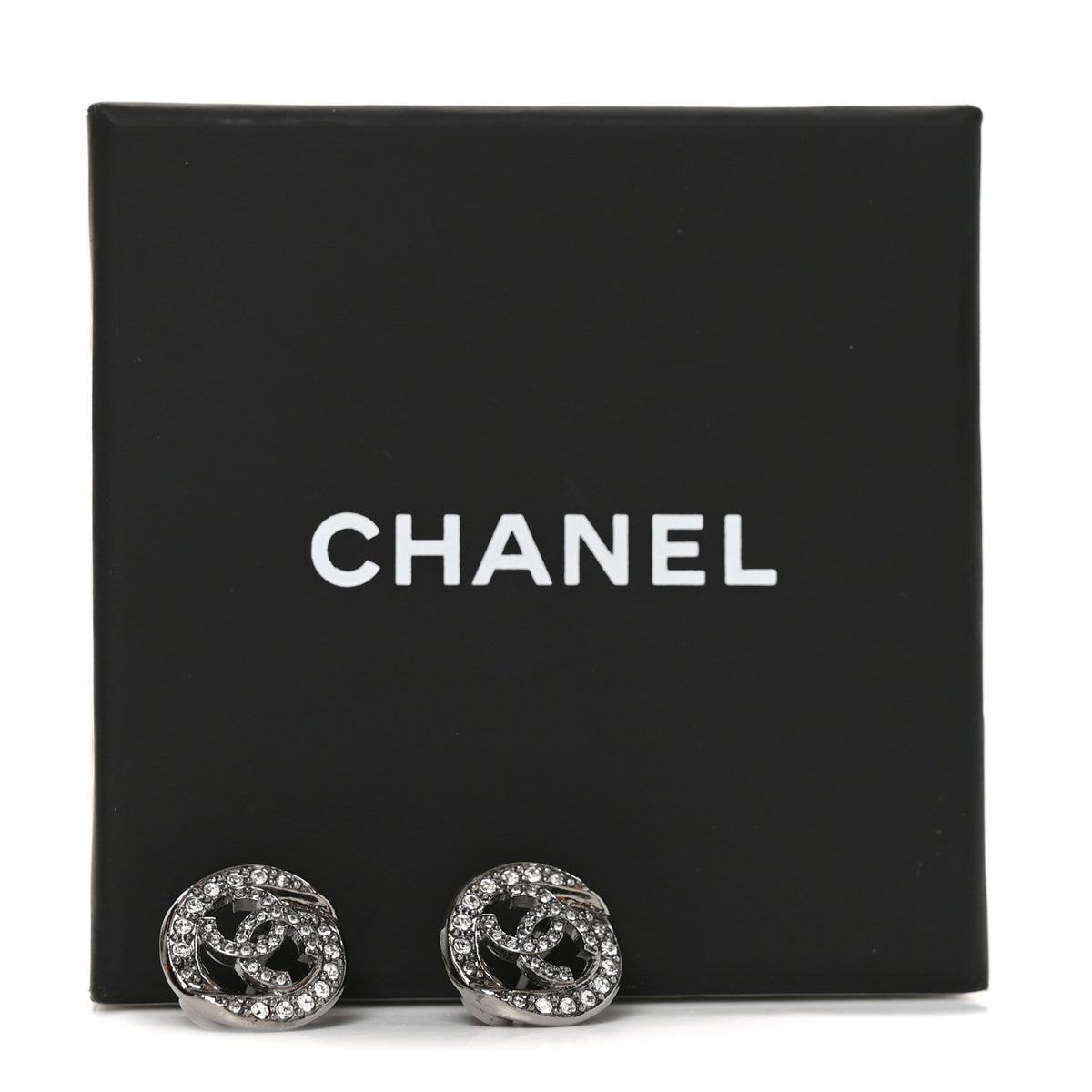 Metal Crystal CC Logo Round Earrings Silver