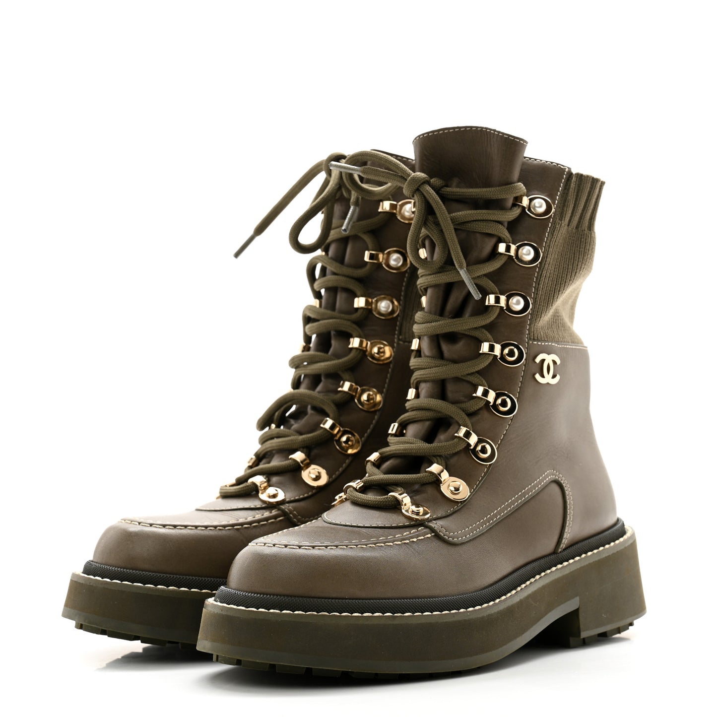 Calfskin Knit Lace Up Combat Boots 35 Green