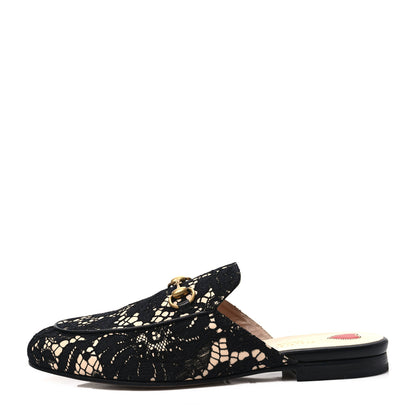 Gucci Lace Malaga Kid Womens Princetown Slippers 36.5 Black Skin Rose 1 of 8