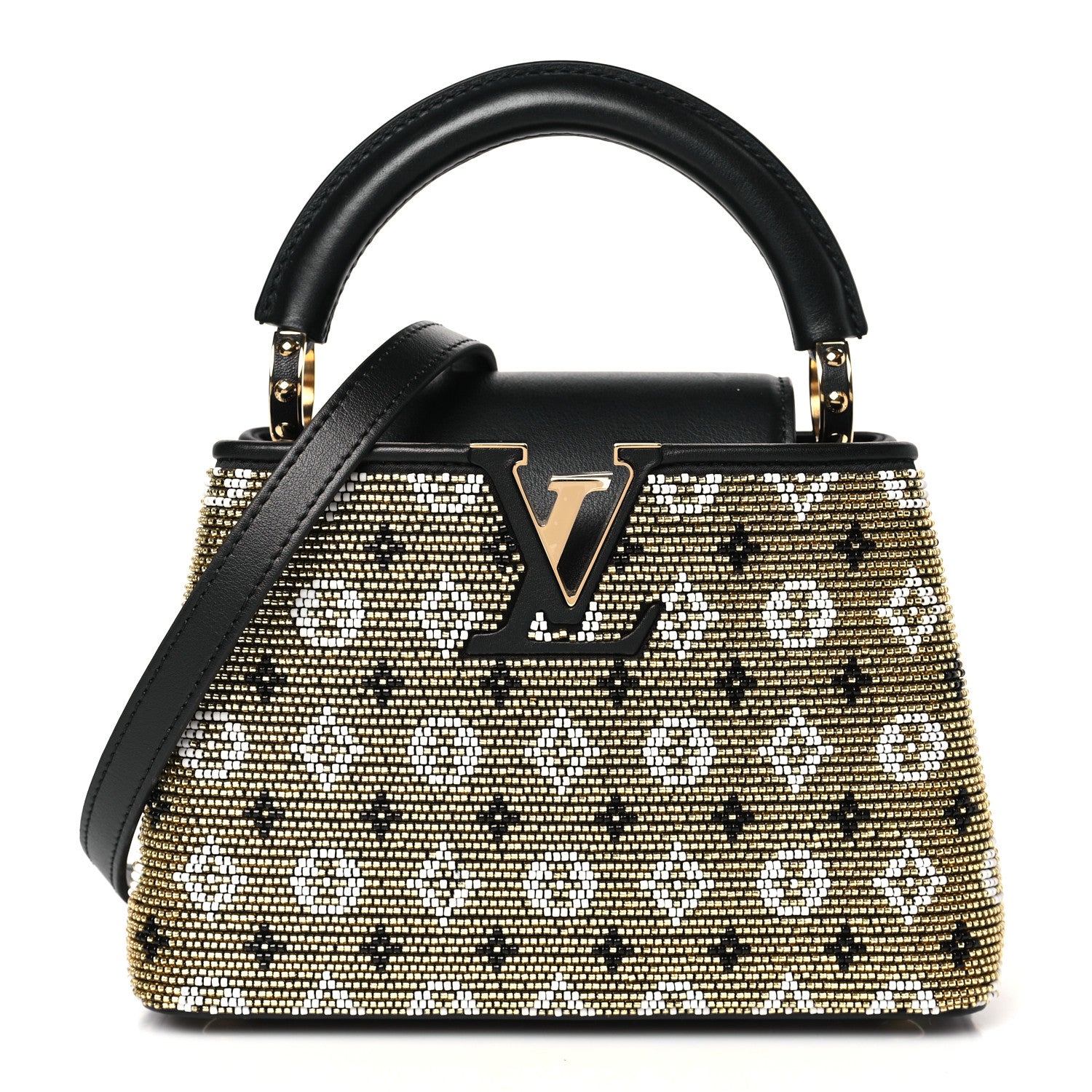 Louis Vuitton Satin Beaded Embroidered Monogram Calfskin Capucines Mini Gold Black 1 of 7
