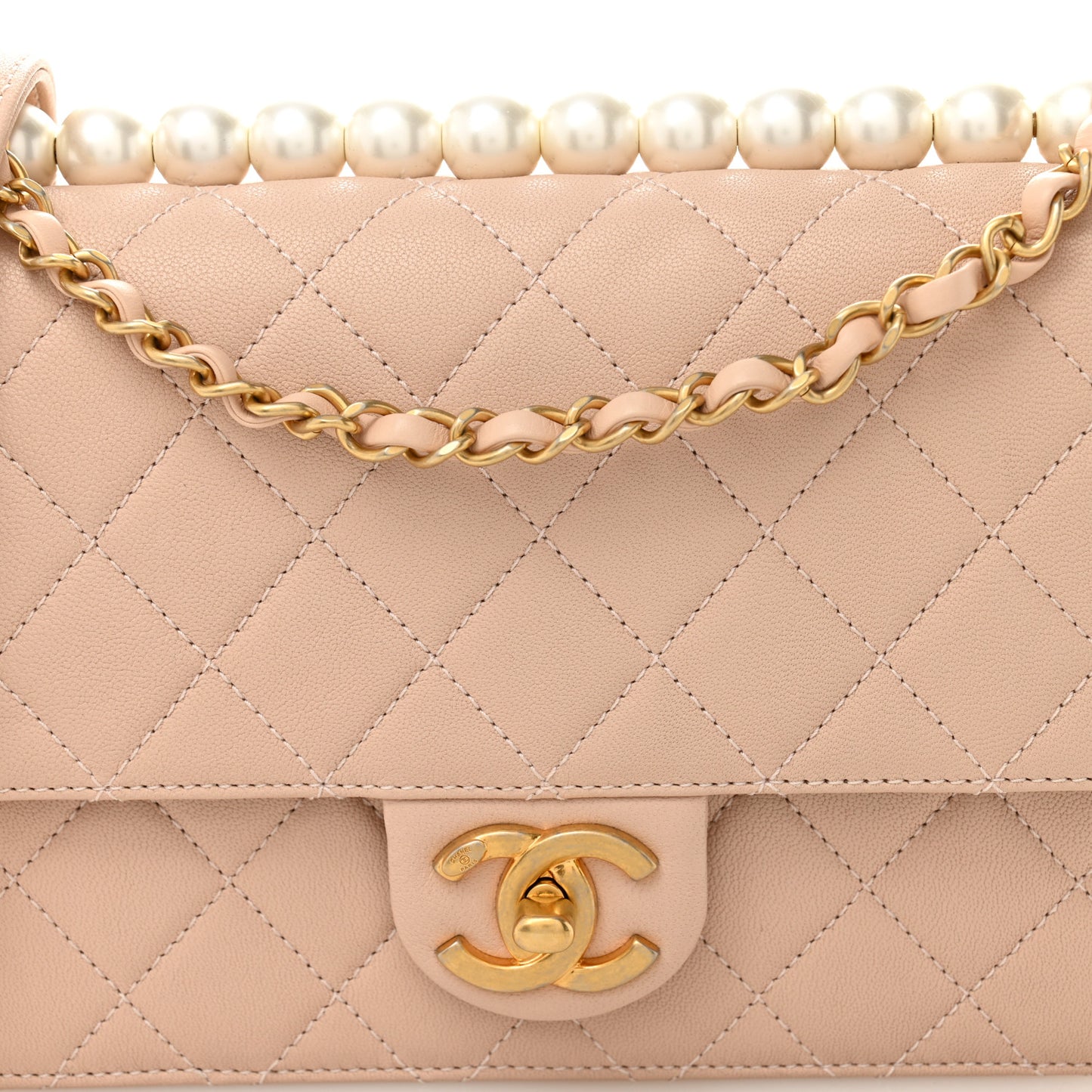 Goatskin Quilted Small Chic Pearls Flap Beige