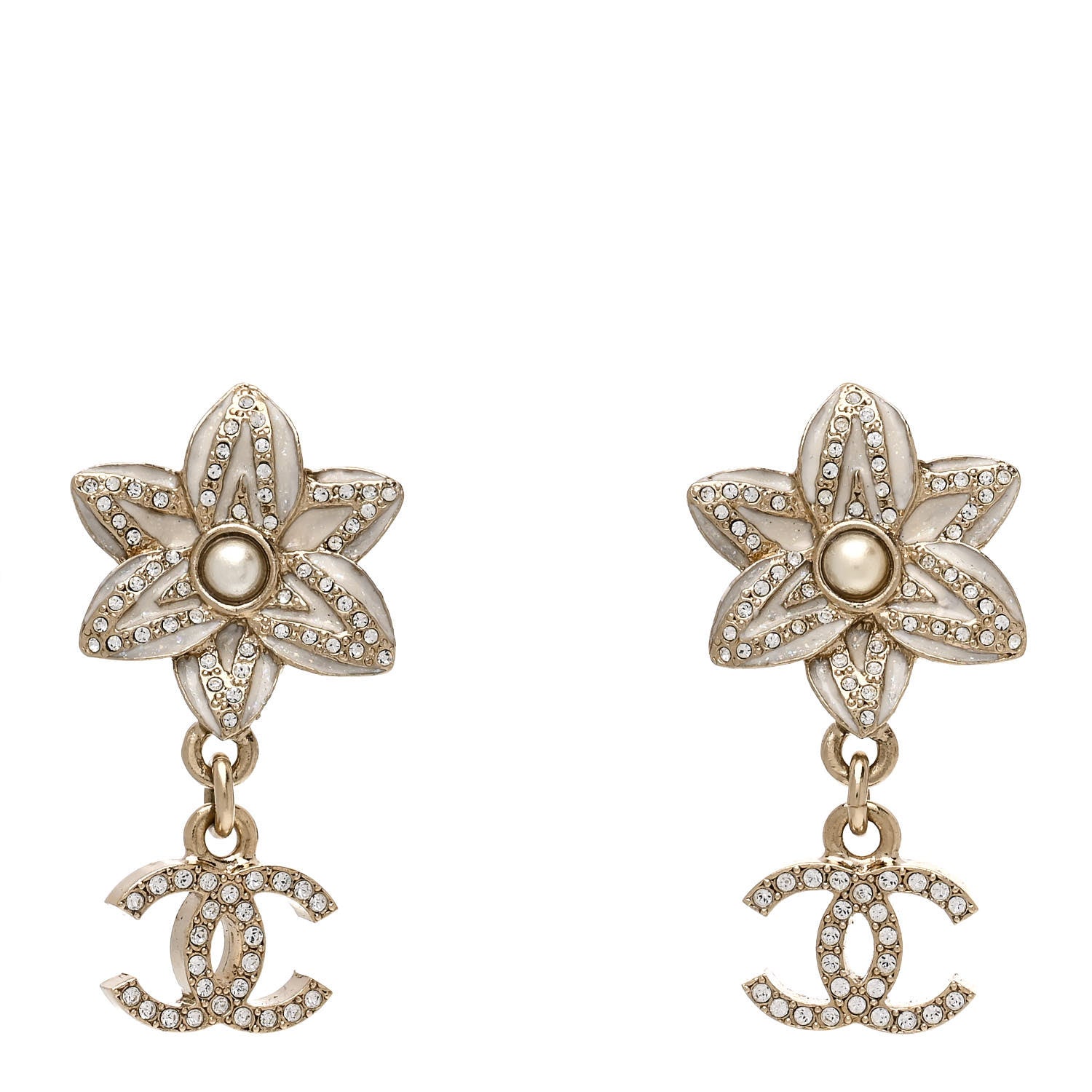 Chanel Crystal CC Pearl Flower Earrings Silver 1 of 5