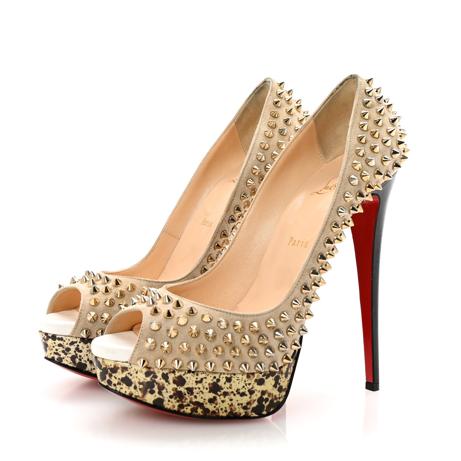 Christian Louboutin Veau Velours Patent Lady Peep Spikes 150 Pumps 40 Stone 4 of 9