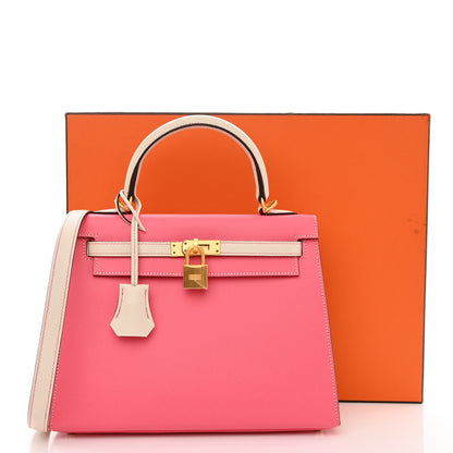Hermes Epsom Bi-Color Horseshoe Kelly Sellier 25 Rose Azalee Craie 11 of 11