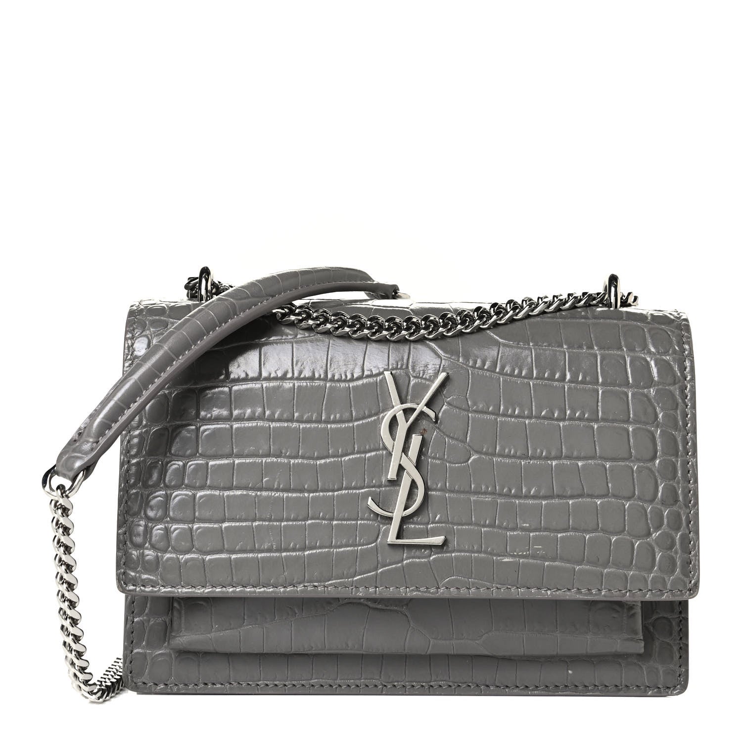Saint Laurent Calfskin Crocodile Embossed Monogram Sunset Chain Wallet Fog 1 of 5