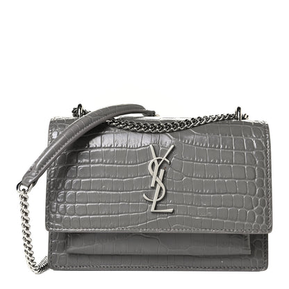 Saint Laurent Calfskin Crocodile Embossed Monogram Sunset Chain Wallet Fog 1 of 5