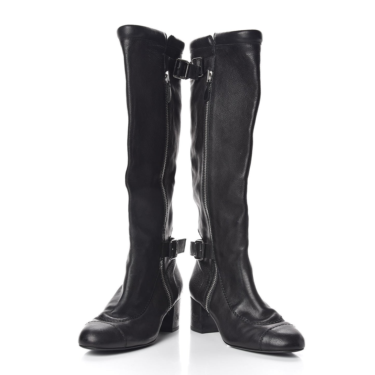 Calfskin Zipper Buckle Knee High Tall Boots 41 Black