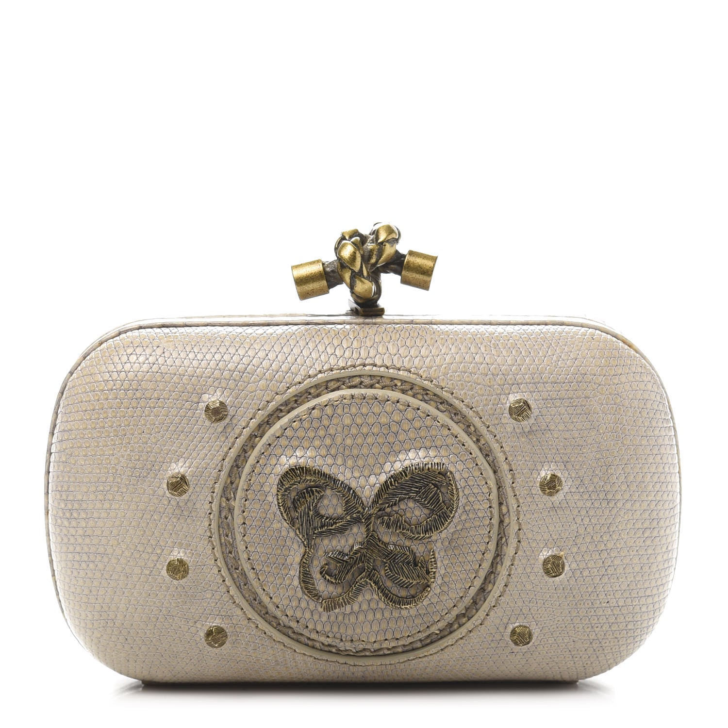 Bottega Veneta Lizard Studded Knot Clutch Light Beige 1 of 9