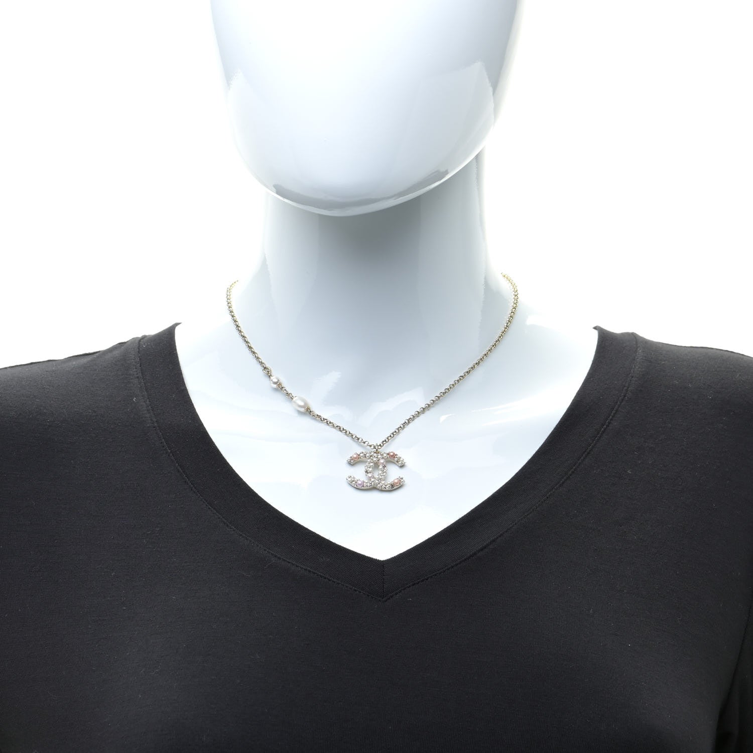 Chanel Crystal Pearl CC Pendant Necklace Gold Pink 2 of 6