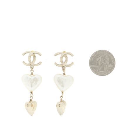 Chanel Pearl CC Double Heart Drop Earrings Gold 2 of 6