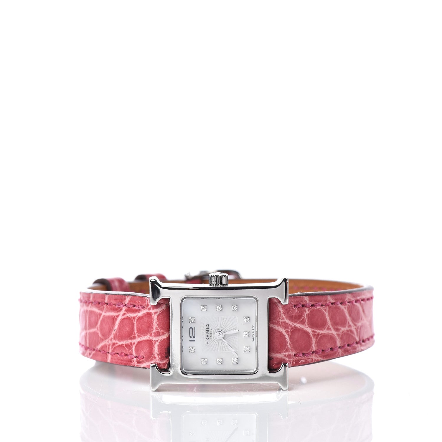 Hermes Stainless Steel Alligator Diamond Mother of Pearl 17.2mm Heure H Hour Quartz Watch Framboise 3 of 8
