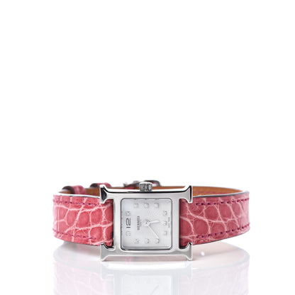 Hermes Stainless Steel Alligator Diamond Mother of Pearl 17.2mm Heure H Hour Quartz Watch Framboise 3 of 8