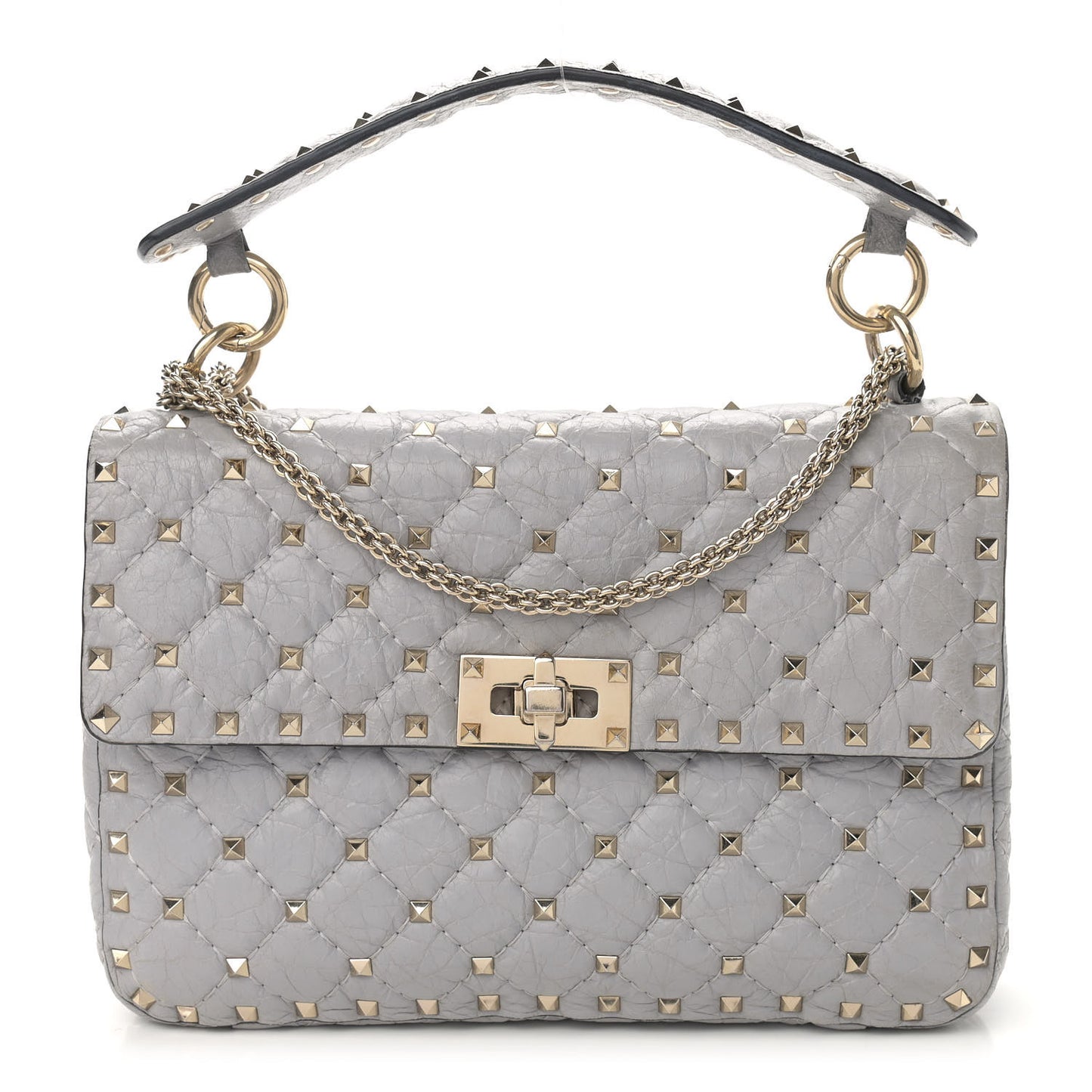 Craquele Nappa Medium Rockstud Spike Shoulder Bag Pastel Grey