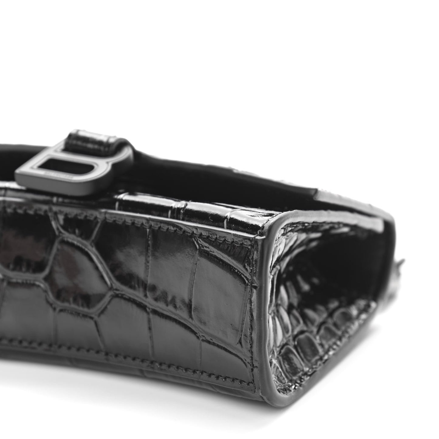 Shiny Calfskin Monochrome Crocodile Embossed Hourglass Top Handle Bag Mini with Chain Black