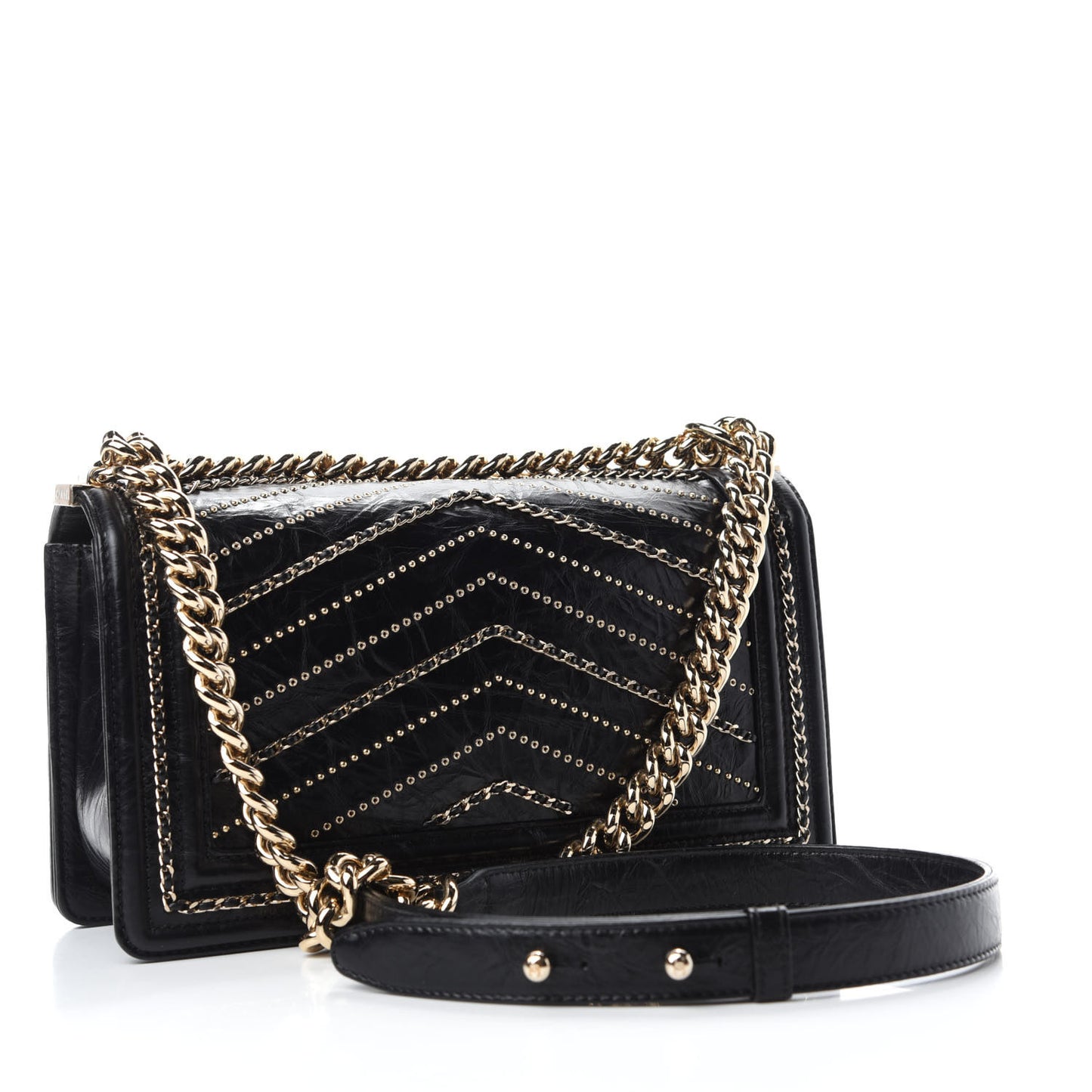 Crumpled Calfskin Chevron Chain Medium Boy Flap Black