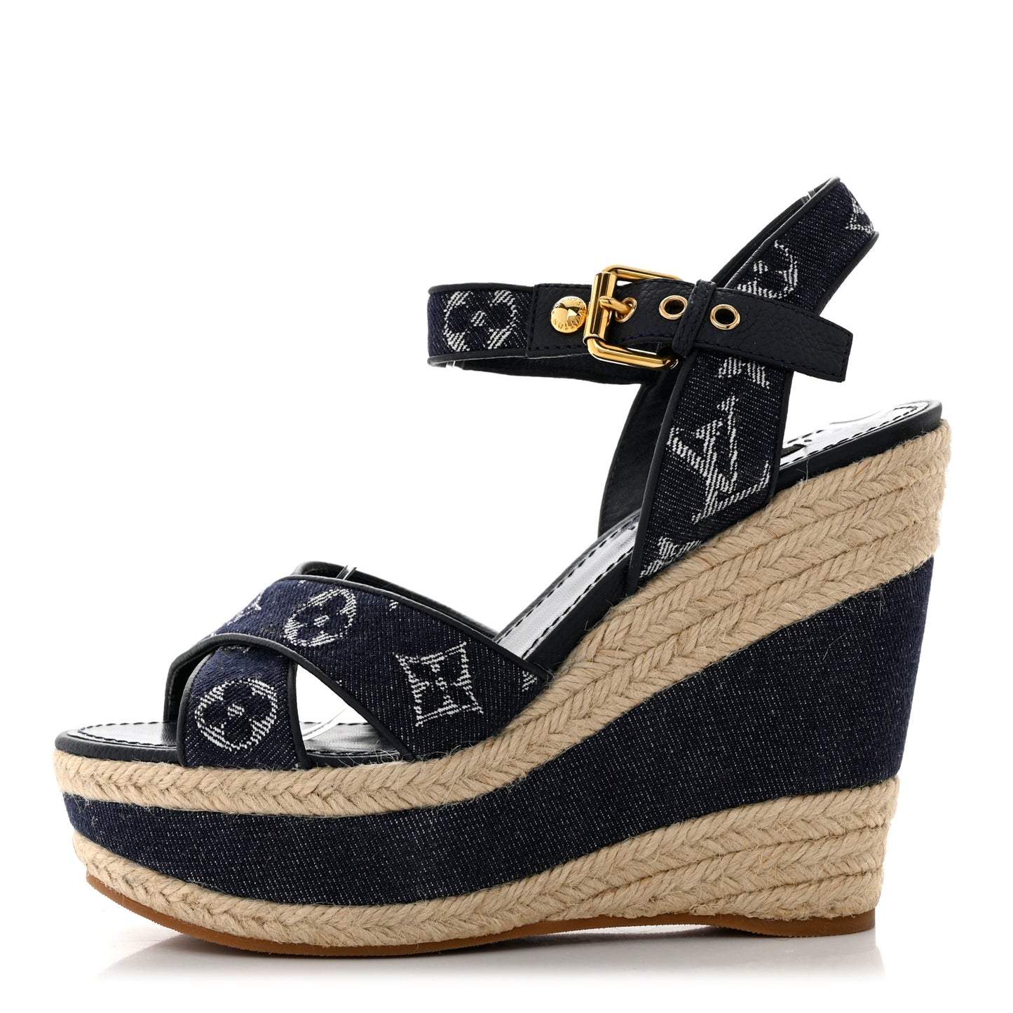 Monogram Denim Formentera Wedge Pumps 38 Grand Blue