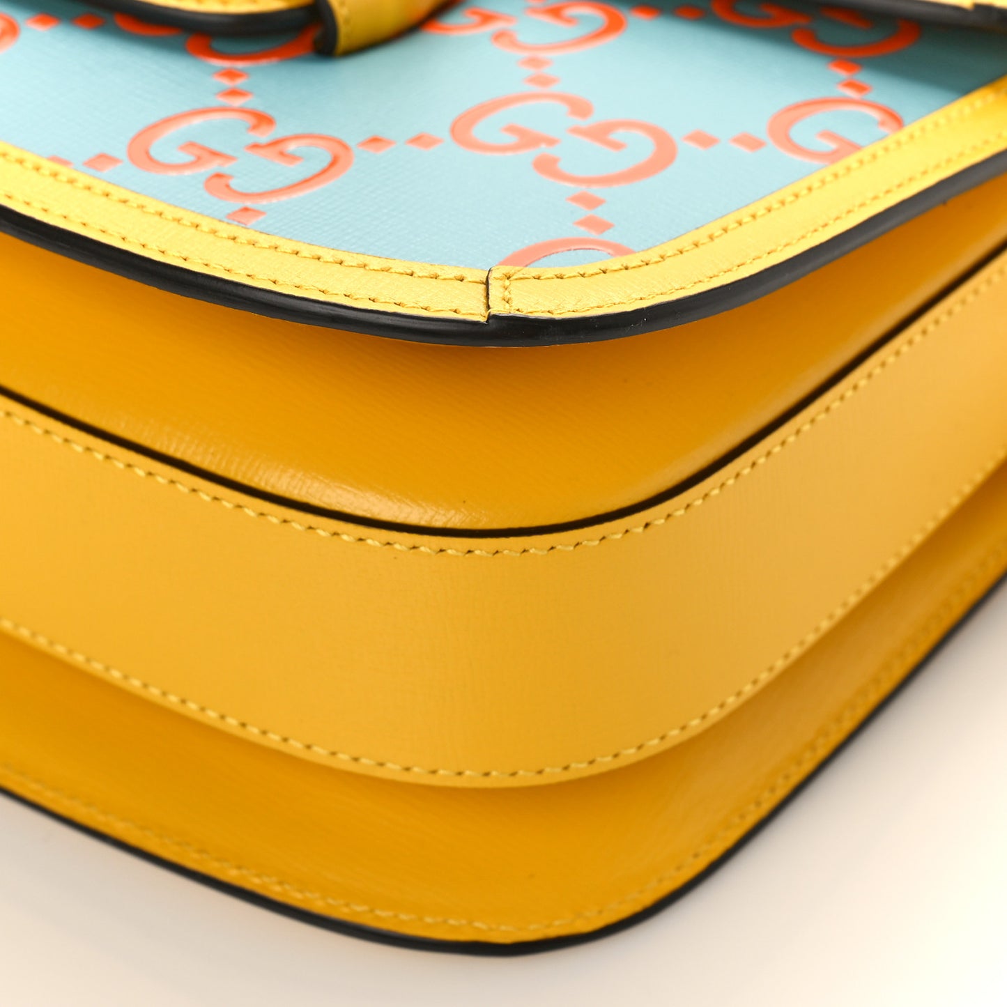 Azalea Calfskin GG Monogram Bi-Color Debossed Horsebit 1955 Shoulder Bag Dusty Azure Stone Topaz Deep Orange