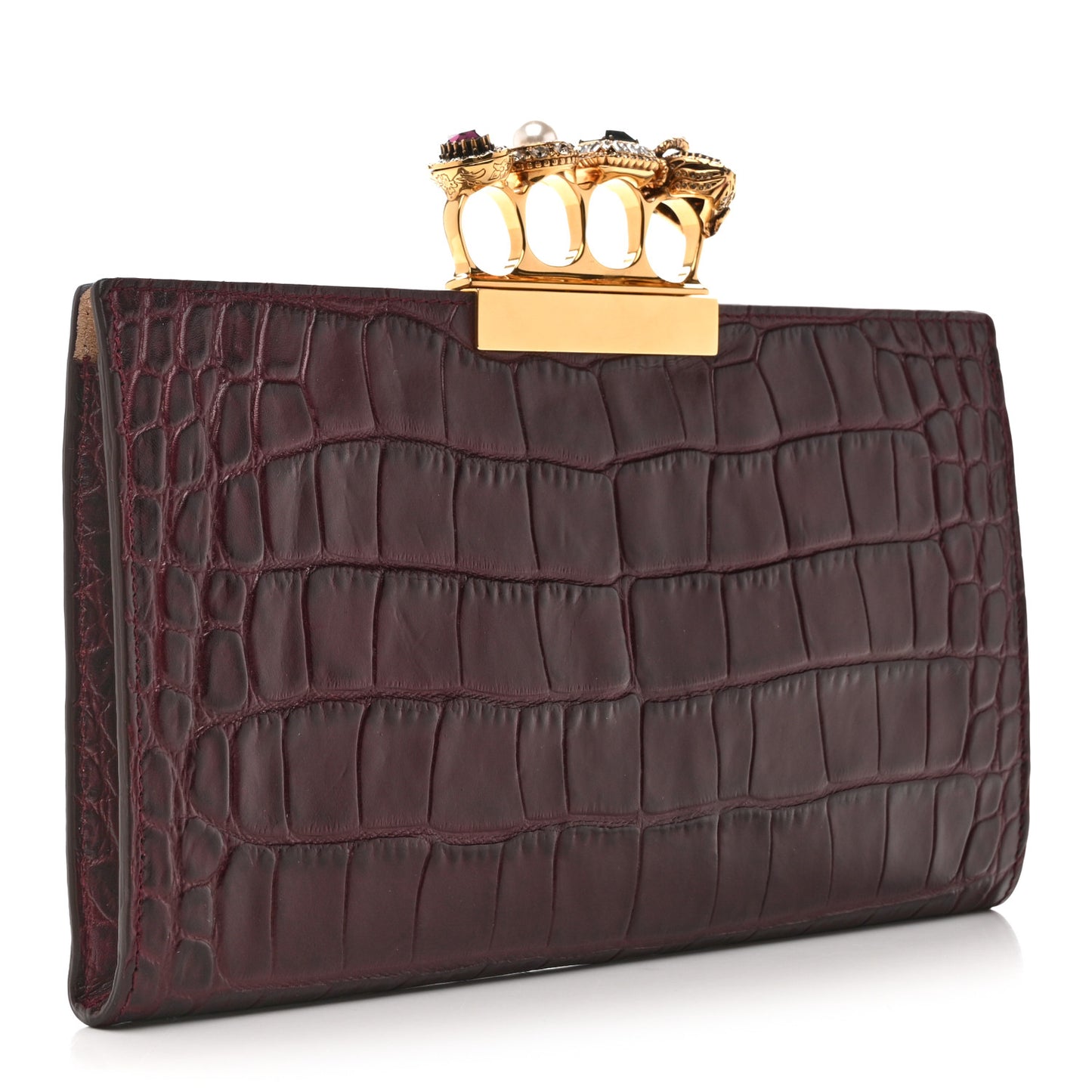 Calfskin Crocodile Embossed Knuckle Flat Clutch Burgundy
