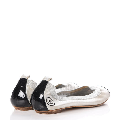 Chanel Metallic Lambskin Patent CC Cap Toe Ballerina Flats 40 Silver Black 4 of 11