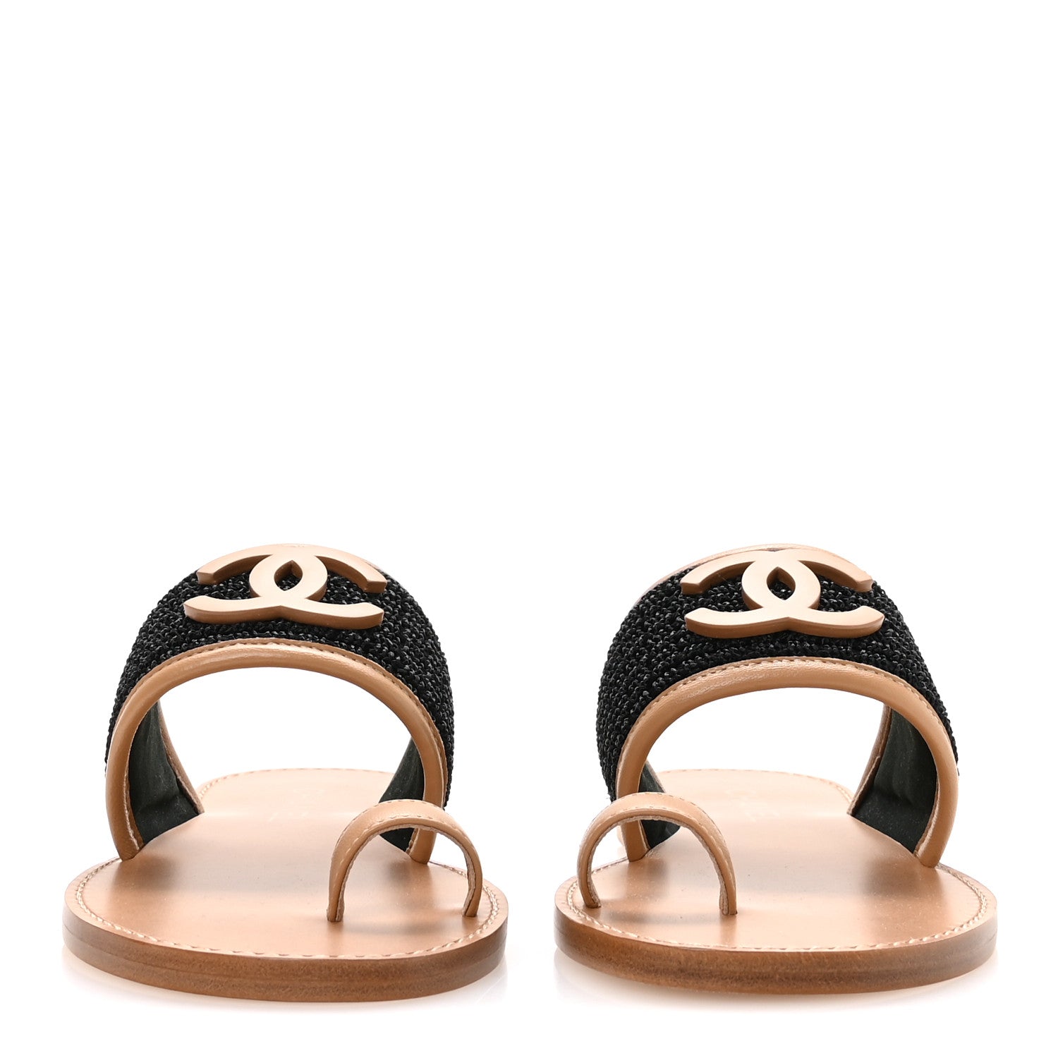 Chanel Raffia Lambskin CC Mules 37 Black Beige 3 of 9