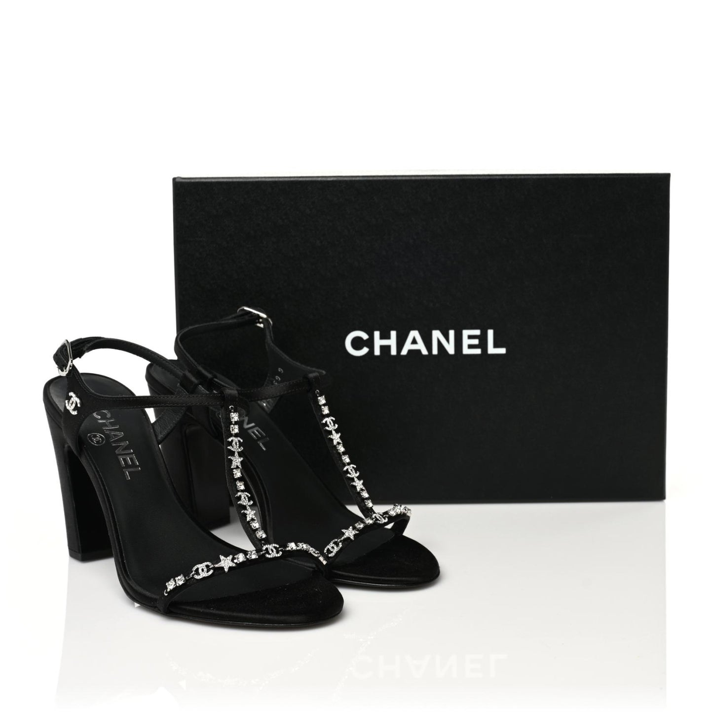 Satin Crystal Slingback Sandals 37 Black