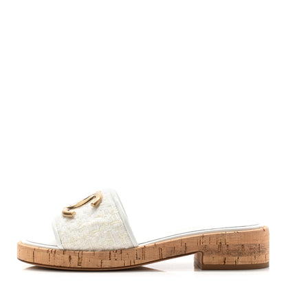 Chanel Tweed Cork CC Mule Sandal 36 Silk White 1 of 7