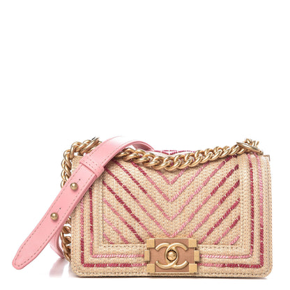 Chanel Cotton Canvas Calfskin Chevron Embroidered Small Boy Flap Beige Pink 1 of 9