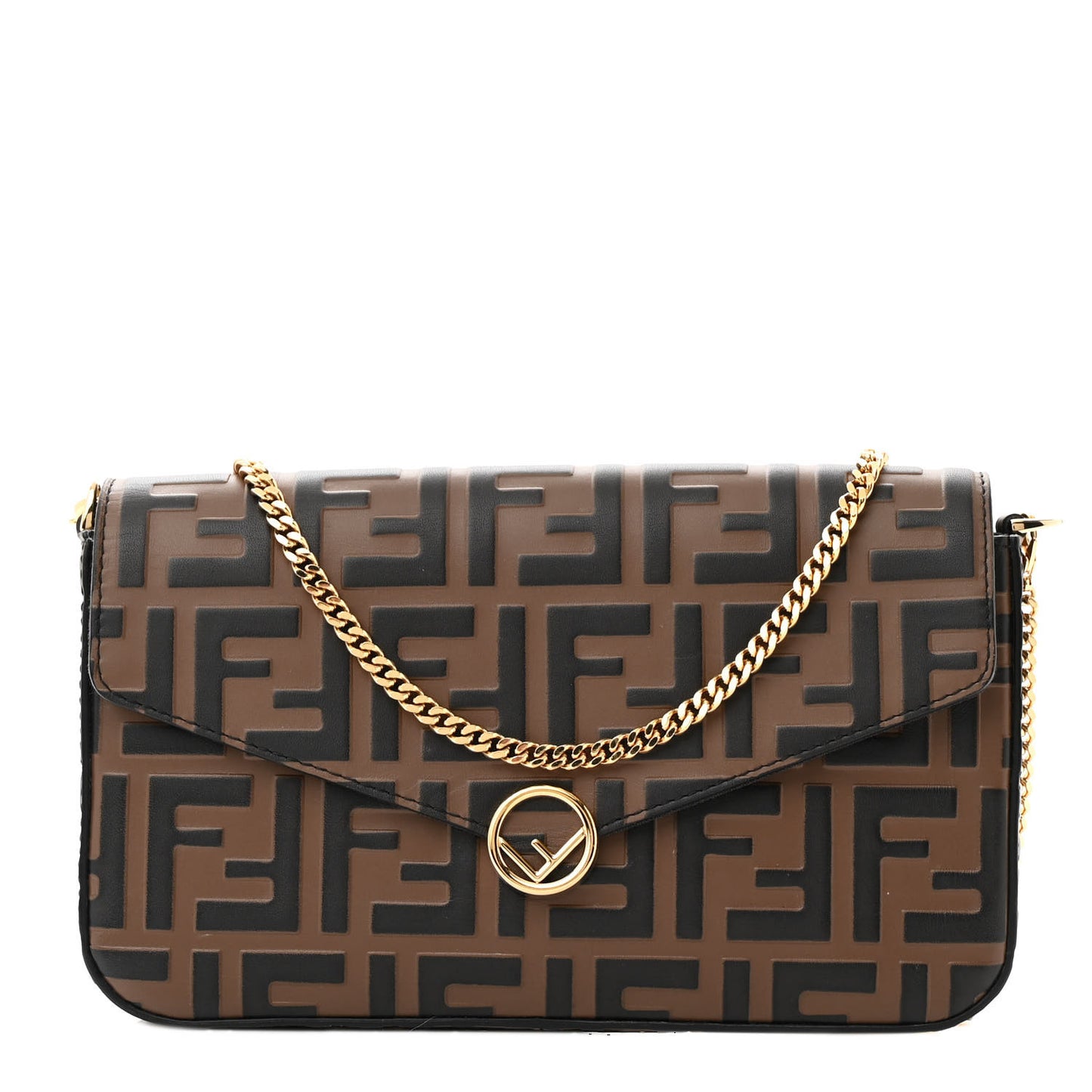 Vitello Soft F is Fendi Bi-Color FF 1974 Embossed Envelope Wallet On Chain with Pouches Maya Black