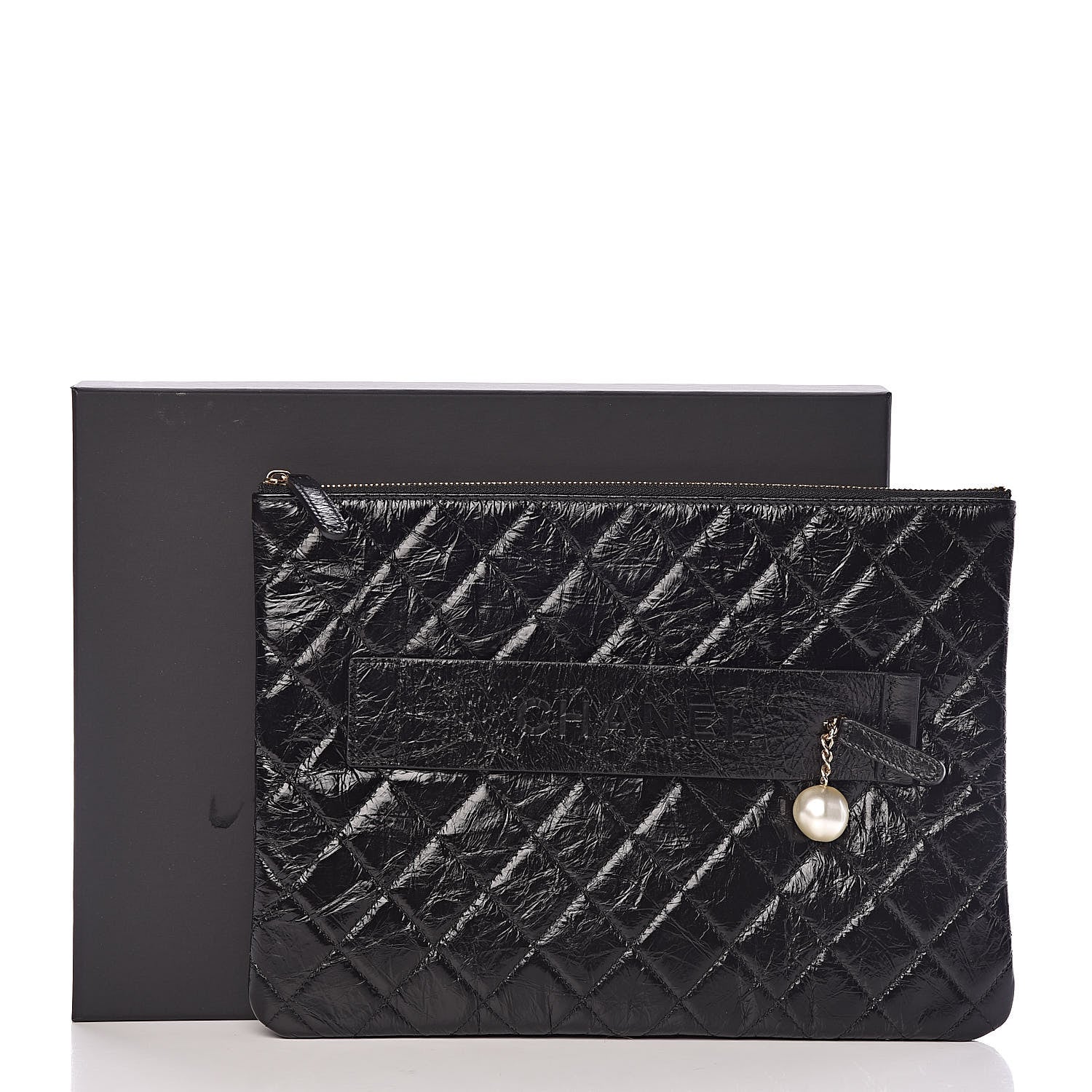 Chanel Shiny Crumpled Calfskin Quilted Medium Night by the C Pouch Clutch Black 8 of 8