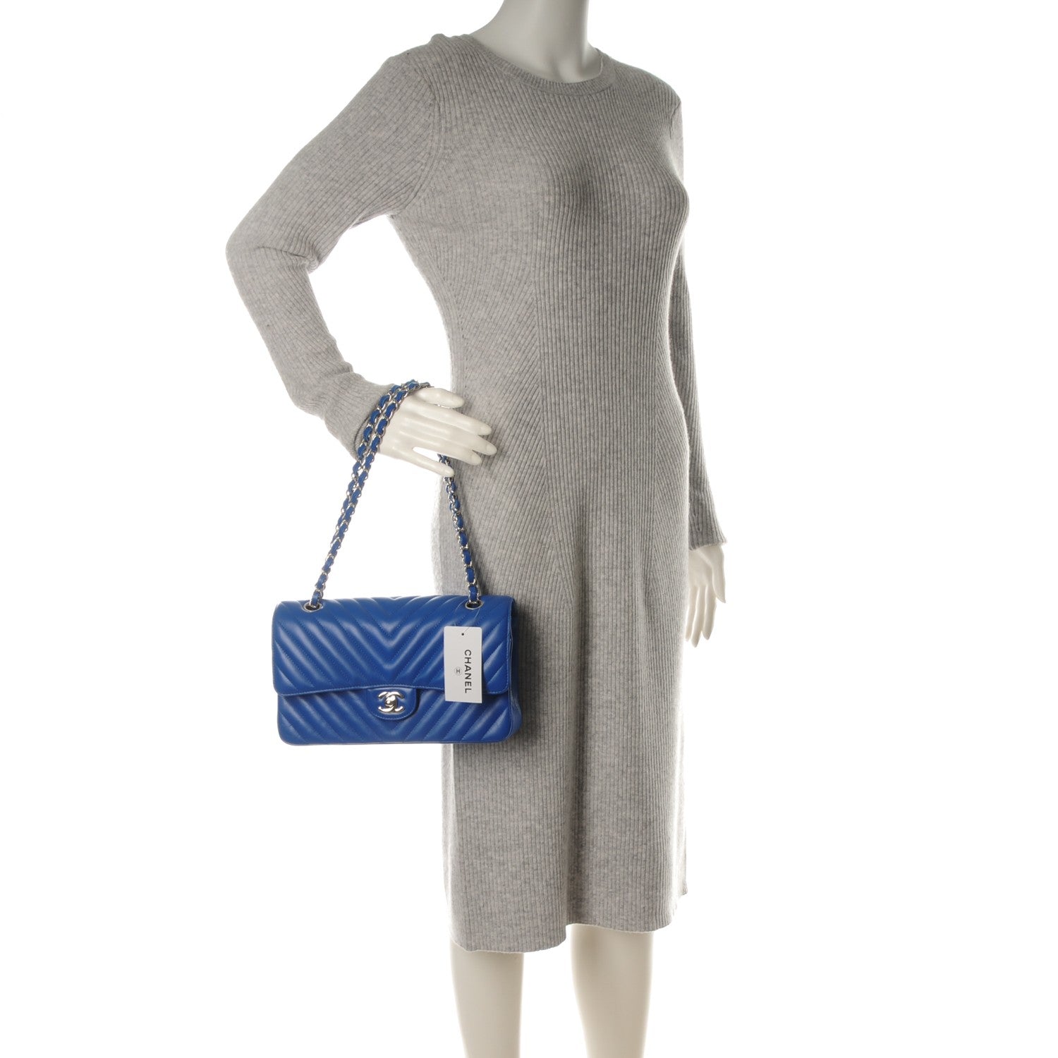 Chanel Caviar Chevron Quilted Medium Double Flap Bright Blue 2 of 8