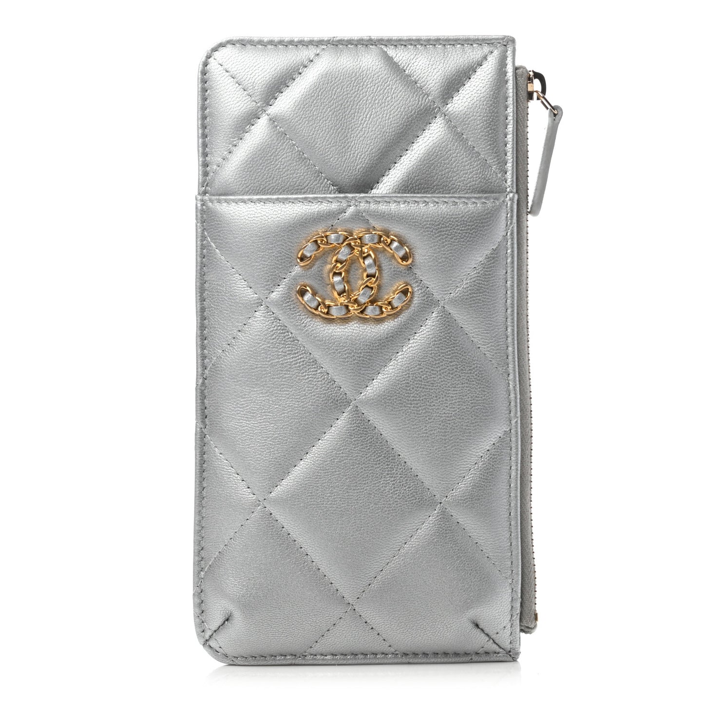 Lambskin Quilted Chanel 19 Phone and Card Holder Silver