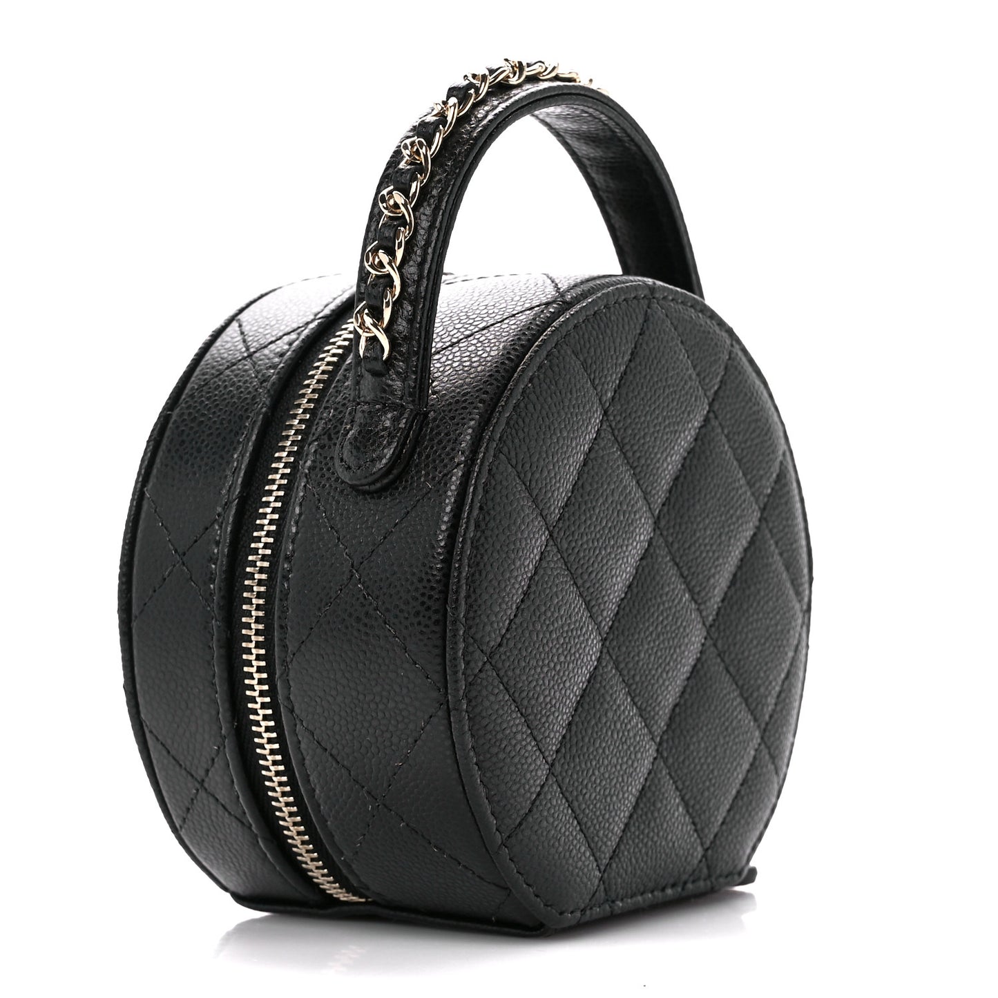 Caviar Quilted Round Top Handle Jewelry Case With Chain Black