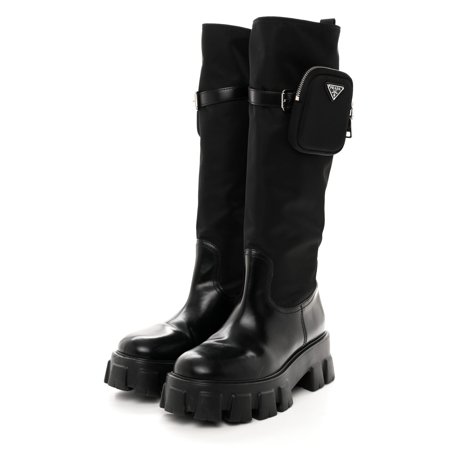 Prada Spazzolato Rois Re-Nylon Metal Triangle Logo Monolith Pouch Pocket 55mm Tall Boots 41 Black 3 of 9