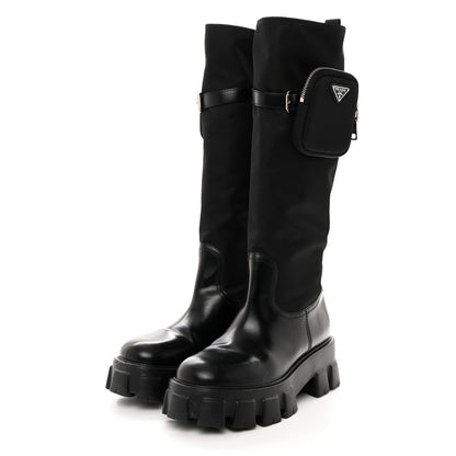 Prada Spazzolato Rois Re-Nylon Metal Triangle Logo Monolith Pouch Pocket 55mm Tall Boots 41 Black 3 of 9