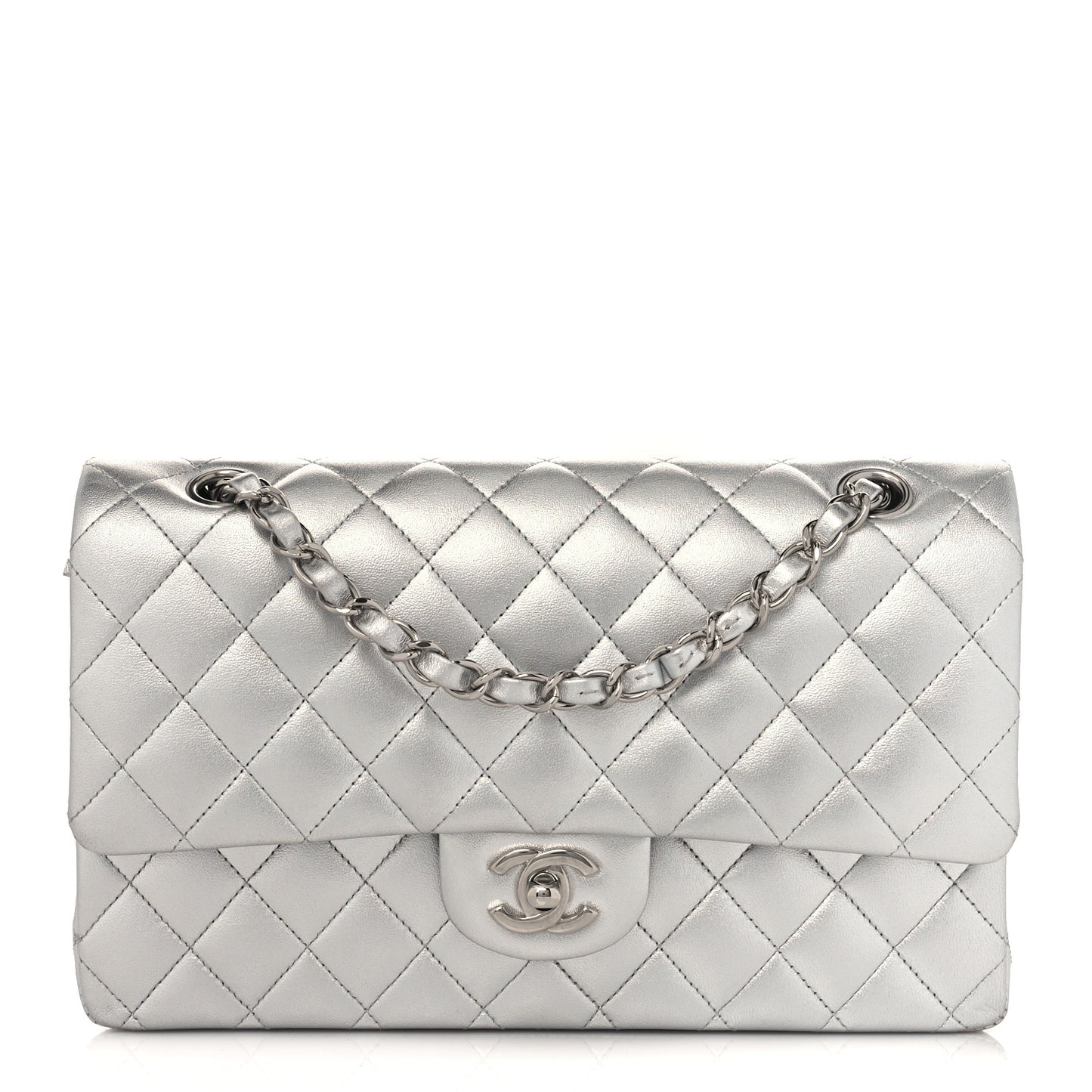 Metallic Lambskin Quilted Medium Double Flap Silver