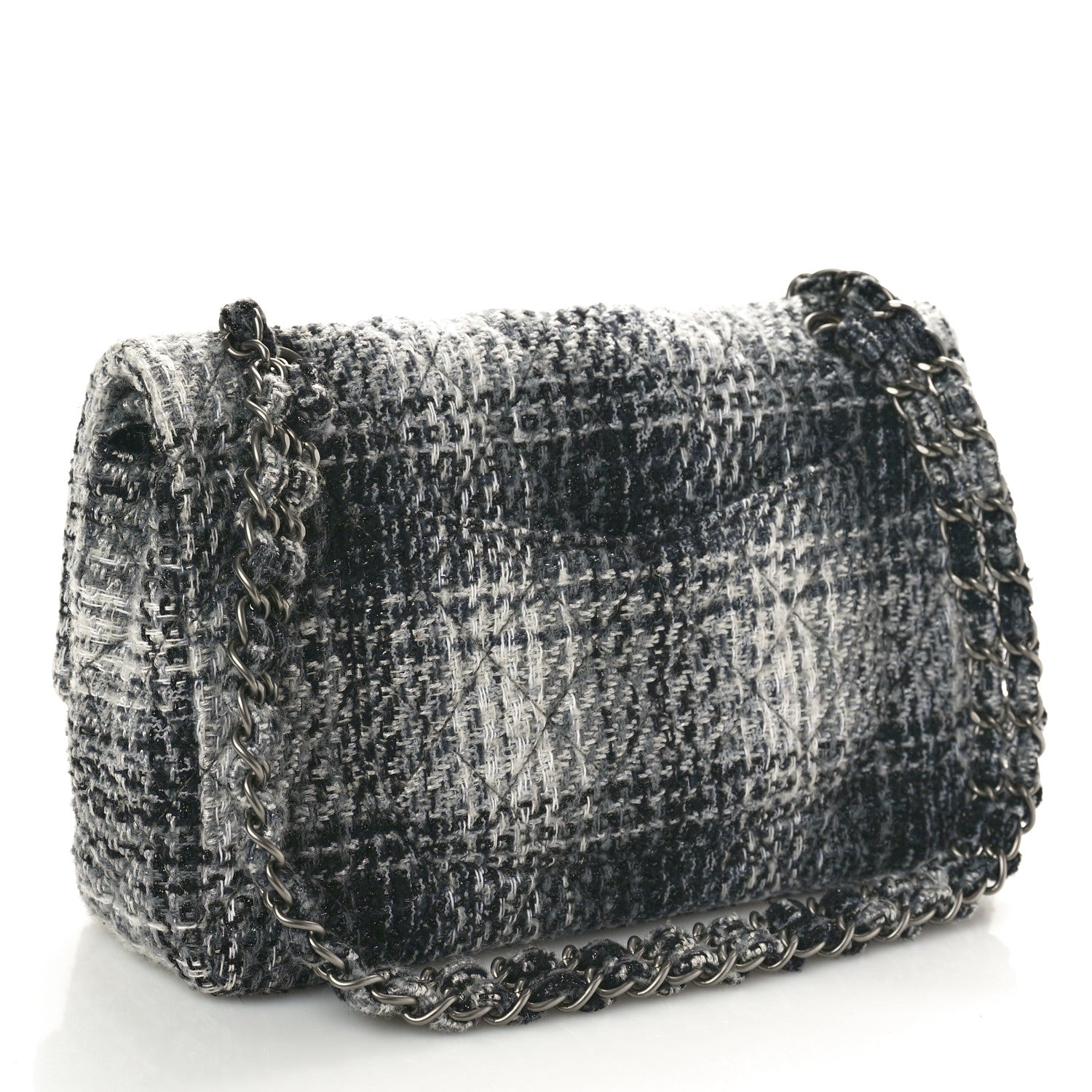 Chanel Tweed Quilted Medium Double Flap Black Grey 3 of 11